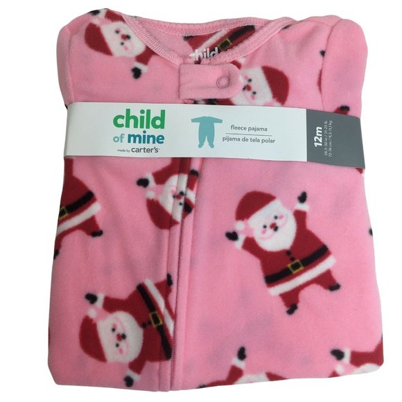 Carter's Other - Carters Child of Mine 12 Month Fleece Footed Pajamas Pink Santa Sleeper X-Mas